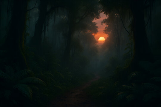 Mystical Sunset Trail in Rainforest Fog
