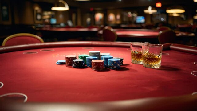 Located in a vibrant casino, players enjoy a thrilling poker game surrounded by colorful chips and drinks on the table, capturing the excitement of the night