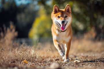Happy Shiba Inu dog running toward the camera in a park, tongue out and ears perked, with natural scenery