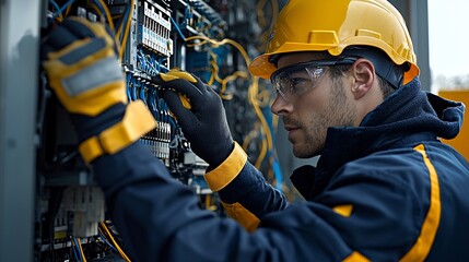 Electrician in yellow hard hat and safety glasses working on electrical panel