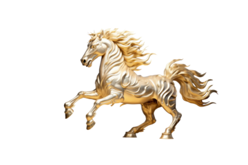 A majestic golden horse statue, dynamically posed, exudes power and elegance. background removed