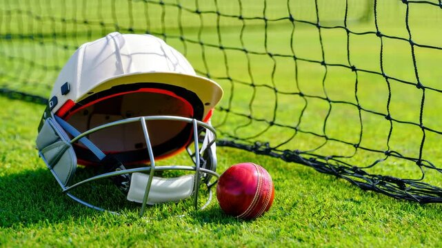 A cricket helmet lies on the grass next to a cricket ball, showcasing a warm sunny day at a local sports field. The netting in the background adds to the sports atmosphere