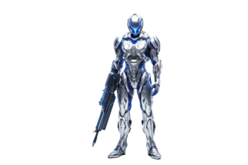 A futuristic female cyborg soldier, clad in advanced armor, stands ready with a high-tech rifle. background removed