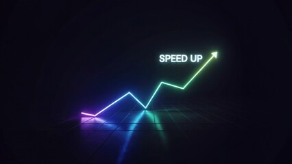 A neon growth chart with an arrow pointing upward and the words speed up on a dark reflective surface