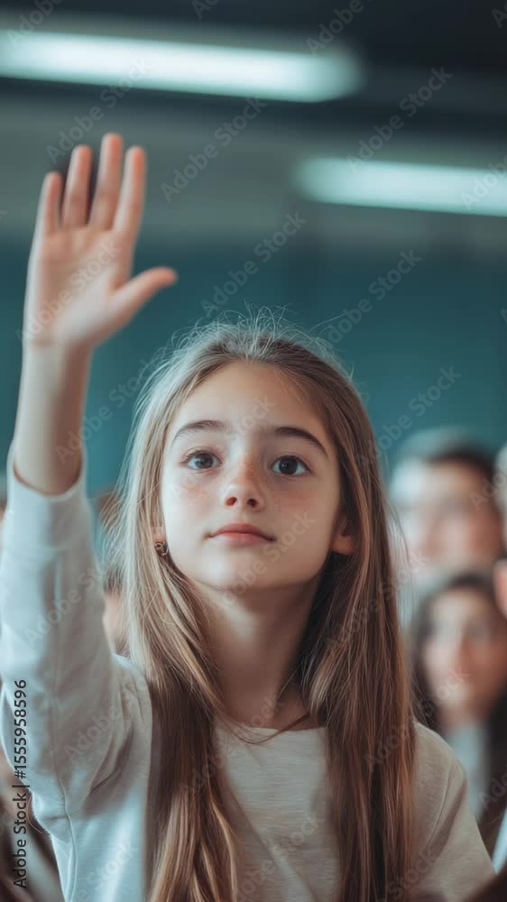 Poster Elementary school student raising her hand enthusiastically, eager to answer a question during class, demonstrating active engagement and participation in the learning environment
