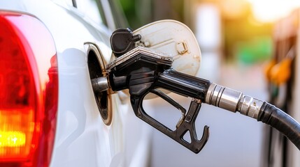 A close-up image of a fuel nozzle being inserted into a car's gas tank, This photo can be used for articles or marketing related to fuel, automotive services, or transportation topics,