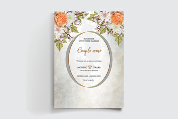 WEDDING INVITATION FRAME WITH FLOWER DECORATIONS AND FRESH LEAVES