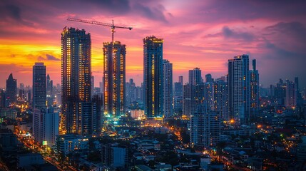 Fototapeta premium Skyscrapers at dusk, city skyline with colorful sunset glow. Construction crane visible