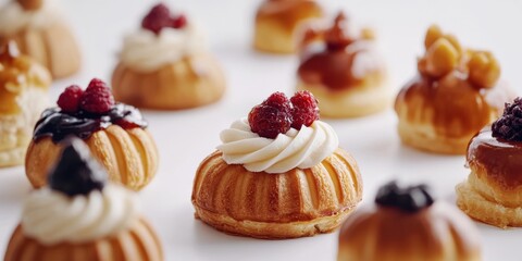 Gourmet Pastry Delights: An enticing array of delectable pastries, artfully arranged, each crowned with vibrant toppings, creating a feast for the eyes and a promise of exquisite flavors.