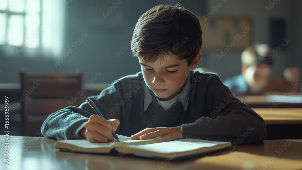Poster focused young pupil writing on notebook during class lesson in elementary school, learning and study