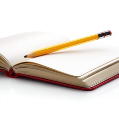 Open notebook with blank pages and pencil.