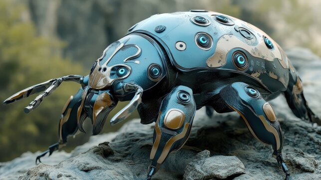 Metallic beetle robot on rocks