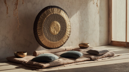Traditional Gong with Meditation Cushions in Sunlit Room