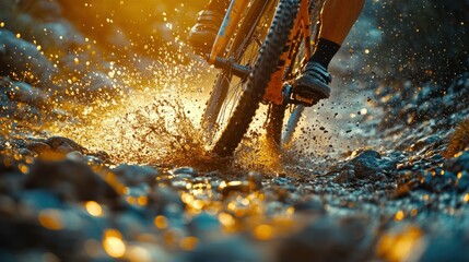 Mountain biker splashes through muddy trail