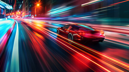Dynamic motion blur showcases a modern red sports car speeding through the city at night with vibrant lights.