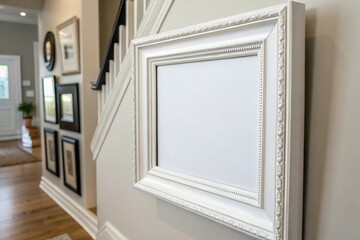 Minimalist white picture frame mockup on wall. Blank canvas template for interior design, artwork, posters, photography display, or advertising presentations in studio or home settings.

