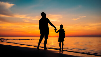 Fototapeta premium Heartwarming Father’s Day image with dad and child at beach sunset