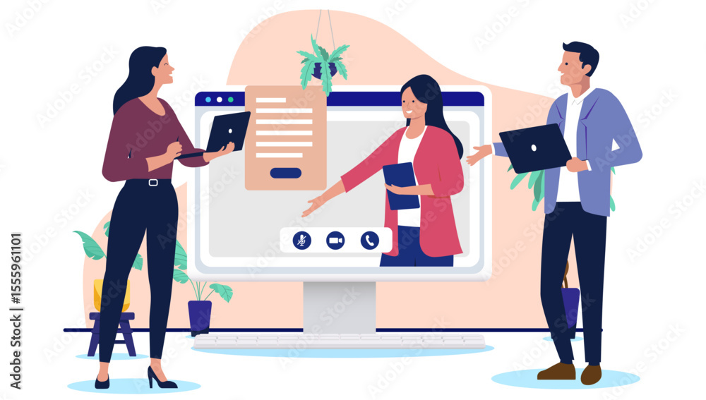 Aufkleber three business professionals in an online video meeting presentation, with a woman presenting docume