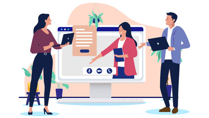 Three business professionals in an online video meeting presentation, with a woman presenting documents on a large computer screen, while colleagues work on laptops. Flat design vector illustration