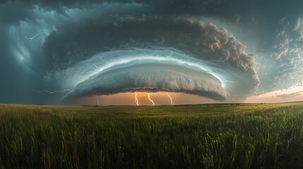 Majestic storm, massive supercell, bolts of lightning illuminate the plains