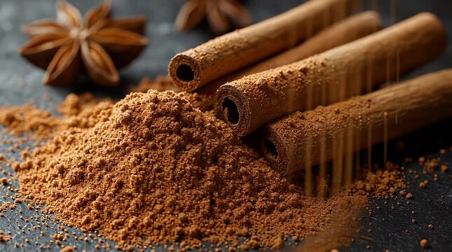 Cinnamon Sticks and Powder with Star Anise on Dark Background Still Life