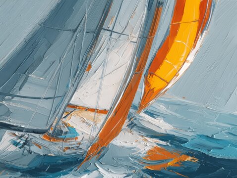 Abstract Oil Painting of Sailing Boats with Orange and Blue Accents