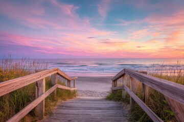 Fototapeta premium Wooden Walkway Leads to Sandy Beach at Sunset with Pink and Blue Sky Hues
