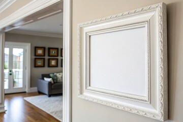 Minimalist white picture frame mockup on wall. Blank canvas template for interior design, artwork, posters, photography display, or advertising presentations in studio or home settings.


