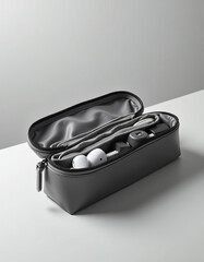 Open Black Protective Case with Wireless Earbuds and Accessories on Gray Surface