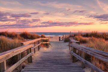 Fototapeta premium Boardwalk Path Leading to Sandy Beach at Sunset, Ocean Waves and Cloudy Skies