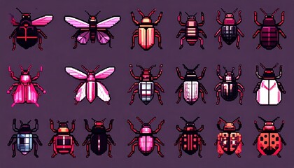 Pixelated insect collection with vibrant colors and retro game aesthetic design