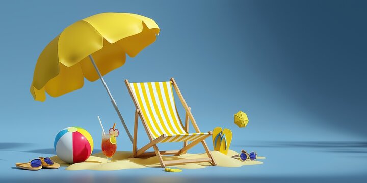 Bright yellow beach umbrella and striped chair on golden sand with summer accessories—ball, flip flops, drink—set against blue backdrop. Vibrant 3D scene symbolizing vacation, fun, and relaxation