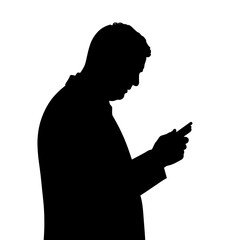 Man using smartphone while standing in silhouette against white background  