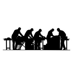 Silhouette of workers collaborating at a workbench in a workshop  