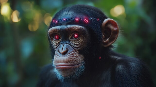 Close-up of a chimpanzee with glowing red LEDs on its head, in a forest