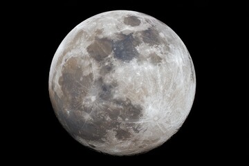 Detailed Full Moon Phase Showing Lunar Surface Craters and Mare on a Black Background