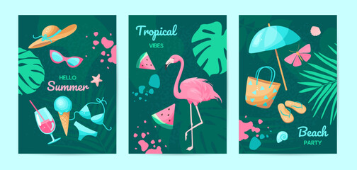 Vacation, Tropical Beach Summer Party. Modern design templates with Tropical Palm Leaves, Flamingo and elements for greetings, invitations, ads, branding, banner, cover, label, poster, sales