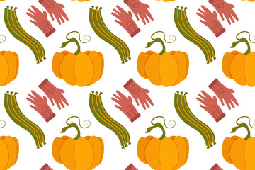 Vector autumn seamless patterns. Illustration with pumpkins, rubber boots, scarf and gloves. Use for paper, cover, gift wrap, fabric