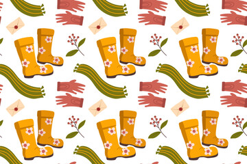 Vector autumn seamless patterns. Illustration with pumpkins, rubber boots, scarf and gloves. Use for paper, cover, gift wrap, fabric