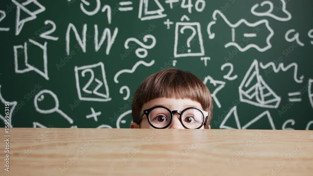 Poster schoolboy with eyeglasses peeks over school desk in front of green chalkboard with math equations an