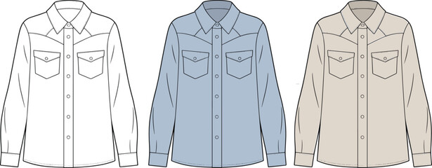 Western shirt technical sketch, button-up shirt vector, fashion flat drawing, shirt cad design, long sleeve garment illustration, unisex fashion