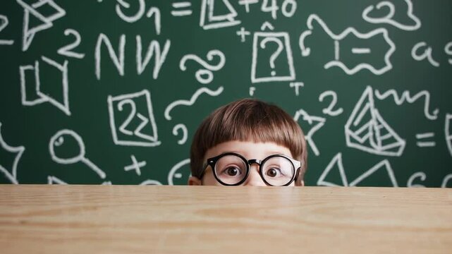 Schoolboy with eyeglasses peeks over school desk in front of green chalkboard with math equations and drawings, expressing curiosity and playfulness in educational setting