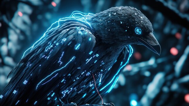 Futuristic raven with glowing circuits