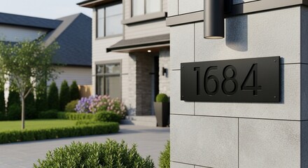 Contemporary home exterior featuring prominent address plaque and manicured landscaping