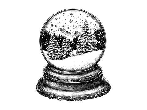Engraved snow globe, vintage Christmas art, winter holiday motif, hand-drawn festive decor, retro icon, old engraving style, black sketch, nostalgic Christmas illustration,