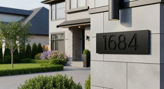 Contemporary home exterior featuring prominent address plaque and manicured landscaping