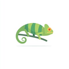 Striped Chameleon on Branch, Vibrant Green Hues, Simple Illustration