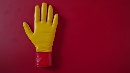 Obraz premium Yellow and Red Leather Glove on Red Background Stop Hand Gesture Minimalist Photography