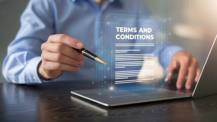 Digital agreements concept: Businessman reviewing online terms and conditions