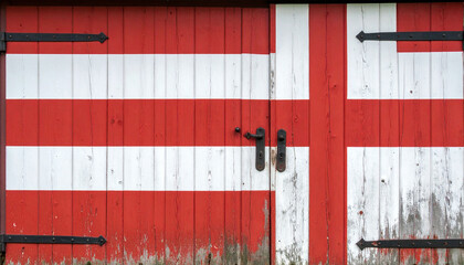 Barn Door with Scandinavian Flag Design: A rustic barn door adorned with a painted Scandinavian flag design, showcasing weathered wood and traditional iron hinges.